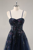 Sparkly Navy Corset Sweetheart Long Prom Dress with Appliques