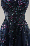 Sparkly Navy Corset Sweetheart Long Prom Dress with Appliques