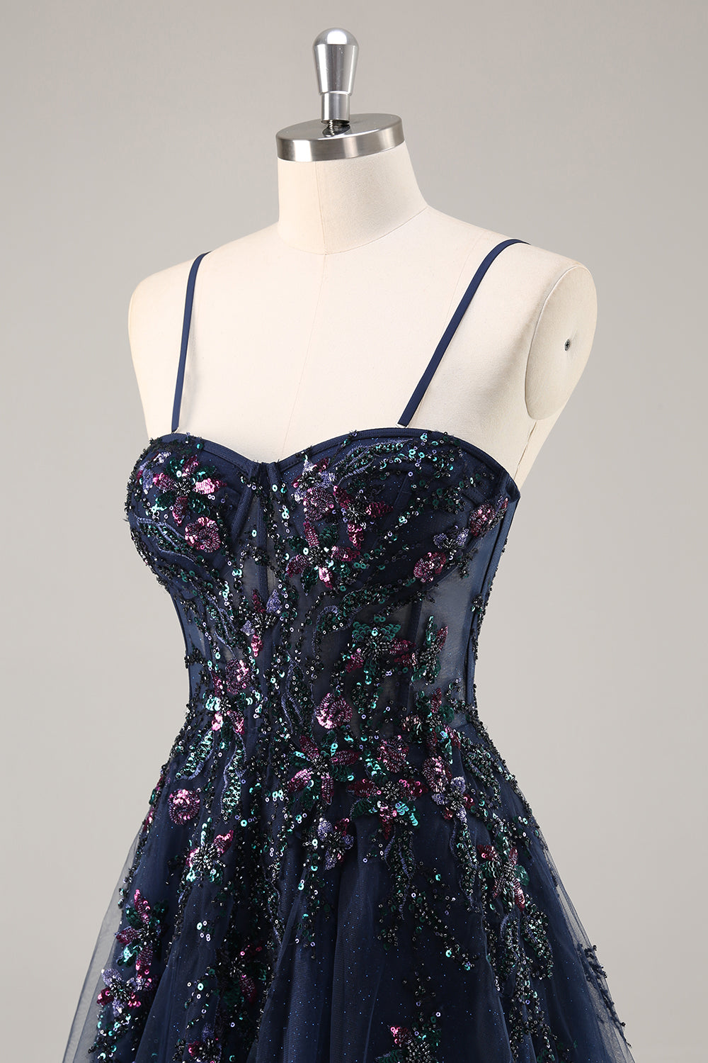 Sparkly Navy Corset Sweetheart Long Prom Dress with Appliques