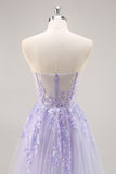Sparkly Lilac Tulle Strapless Corset Long Prom Dress with Appliques