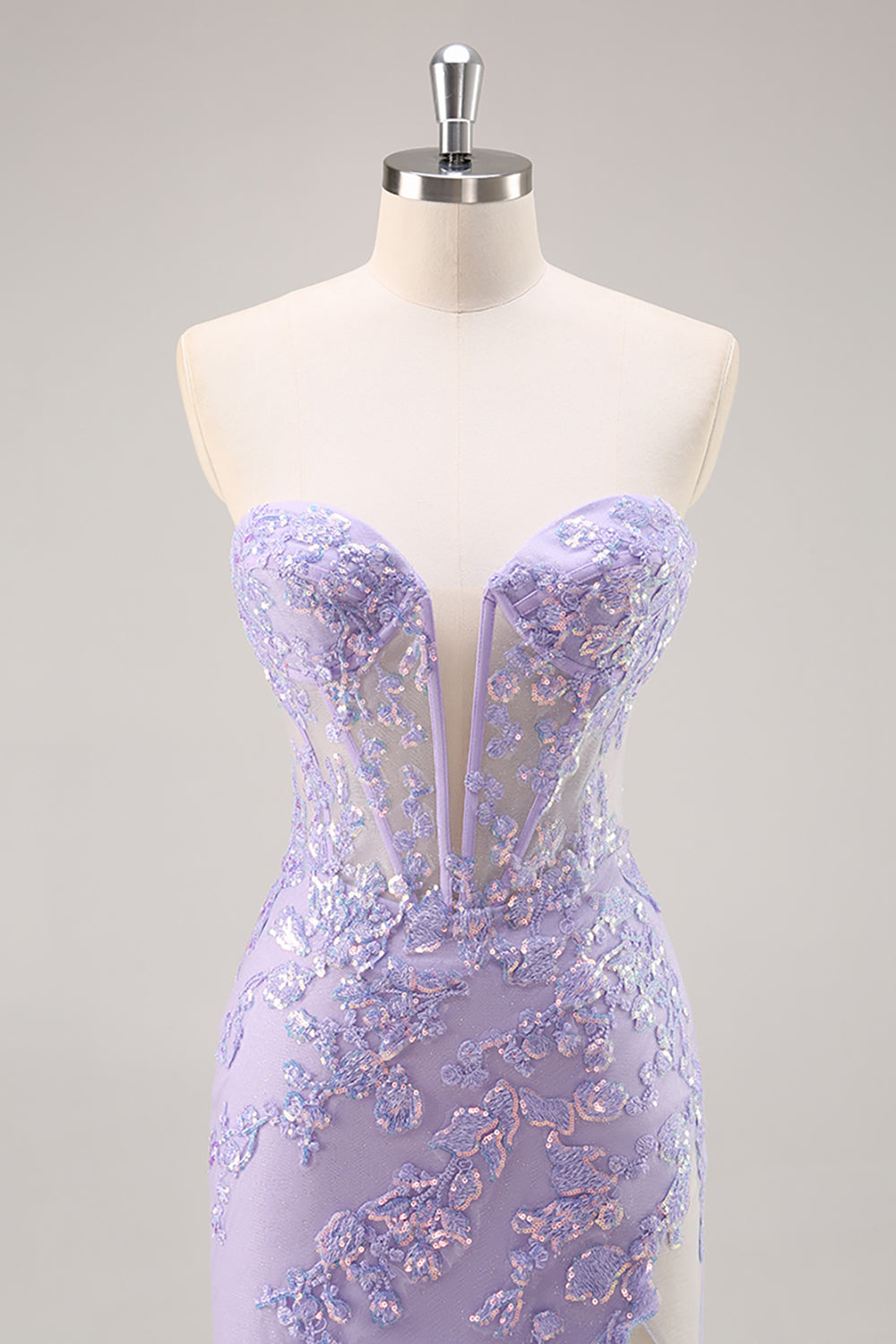 Sparkly Lilac Tulle Strapless Corset Long Prom Dress with Appliques