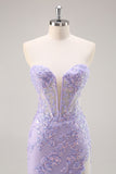 Sparkly Lilac Tulle Strapless Corset Long Prom Dress with Appliques