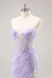 Sparkly Lilac Tulle Strapless Corset Long Prom Dress with Appliques