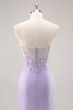 Sparkly Lilac Tulle Strapless Corset Long Prom Dress with Appliques