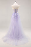 Sparkly Lilac Tulle Strapless Corset Long Prom Dress with Appliques