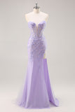 Sparkly Lilac Tulle Strapless Corset Long Prom Dress with Appliques