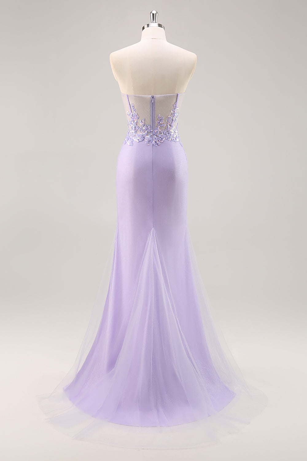 Sparkly Lilac Tulle Strapless Corset Long Prom Dress with Appliques