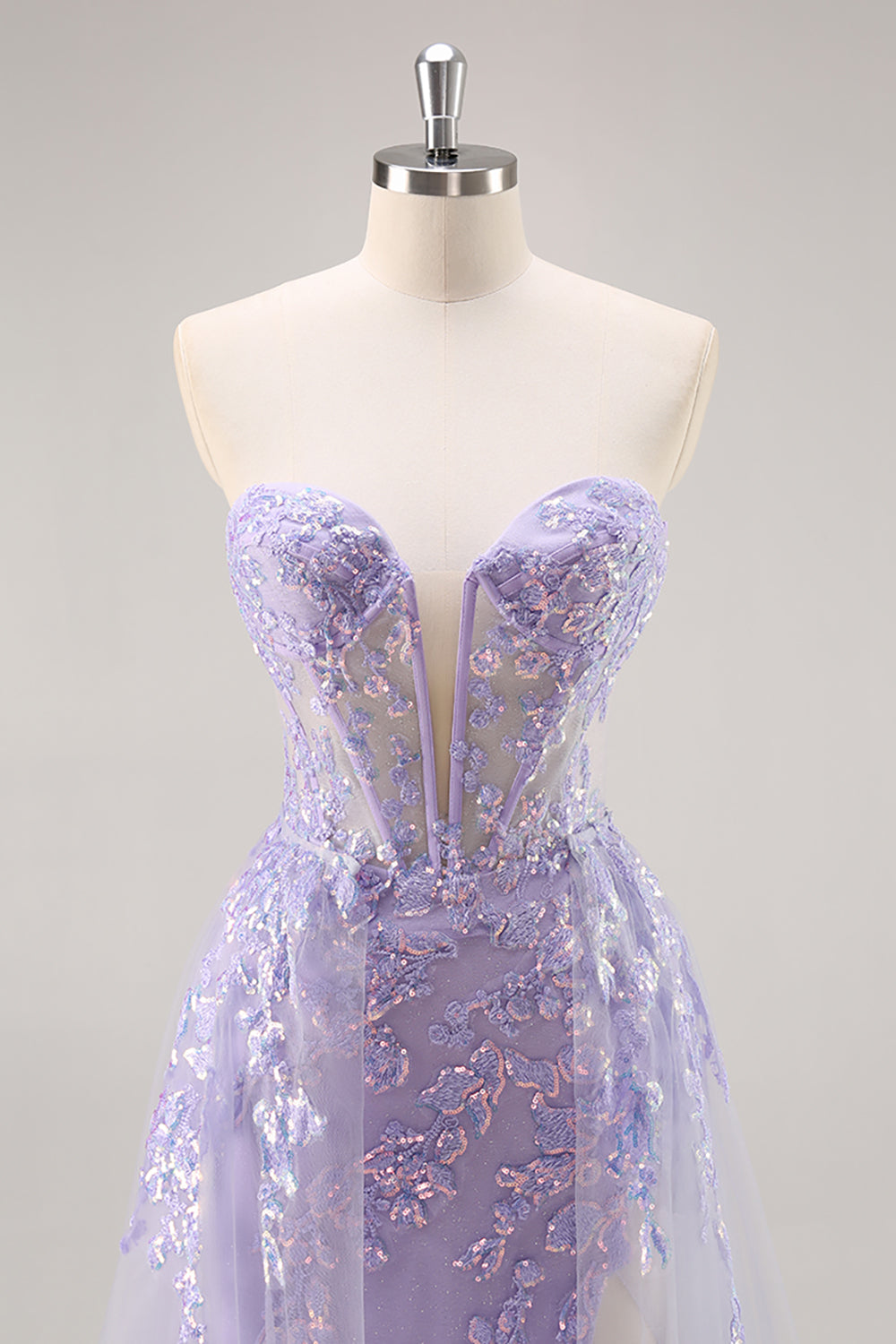 Sparkly Lilac Tulle Strapless Corset Long Prom Dress with Appliques