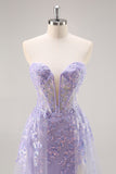 Sparkly Lilac Tulle Strapless Corset Long Prom Dress with Appliques