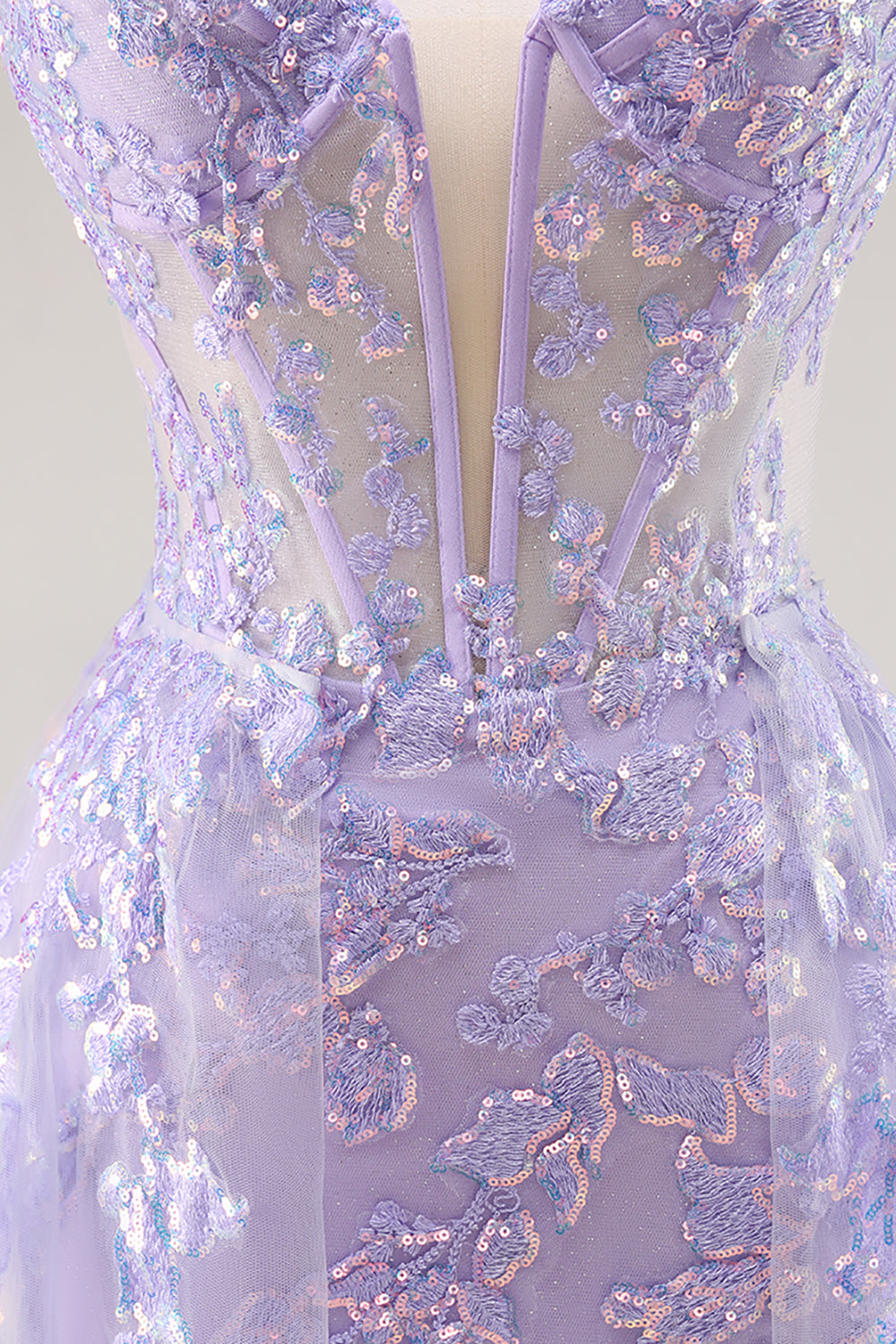 Sparkly Lilac Tulle Strapless Corset Long Prom Dress with Appliques