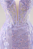 Sparkly Lilac Tulle Strapless Corset Long Prom Dress with Appliques
