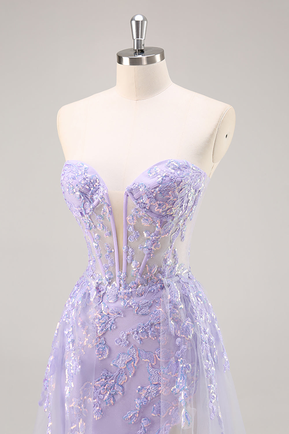 Sparkly Lilac Tulle Strapless Corset Long Prom Dress with Appliques