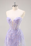 Sparkly Lilac Tulle Strapless Corset Long Prom Dress with Appliques