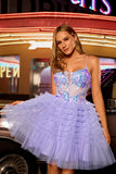 Sparkly Purple Corset Floral A Line Short Homecoming Dress with Ruffles