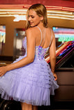 Sparkly Purple Floral Corset Tiered Short Homecoming Dress with Ruffles