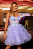 Sparkly Purple Corset Floral A Line Short Homecoming Dress with Ruffles