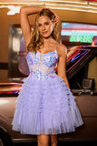 Sparkly Purple Corset Floral A Line Short Homecoming Dress with Ruffles