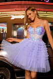 Sparkly Purple Corset Floral A Line Short Homecoming Dress with Ruffles