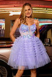 Sparkly Purple Corset Floral A Line Short Homecoming Dress with Ruffles