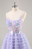 Sparkly Purple Floral Corset Tiered Short Homecoming Dress with Ruffles