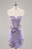Sparkly Purple Corset Sequin Floral Short Homecoming Dress with Lace