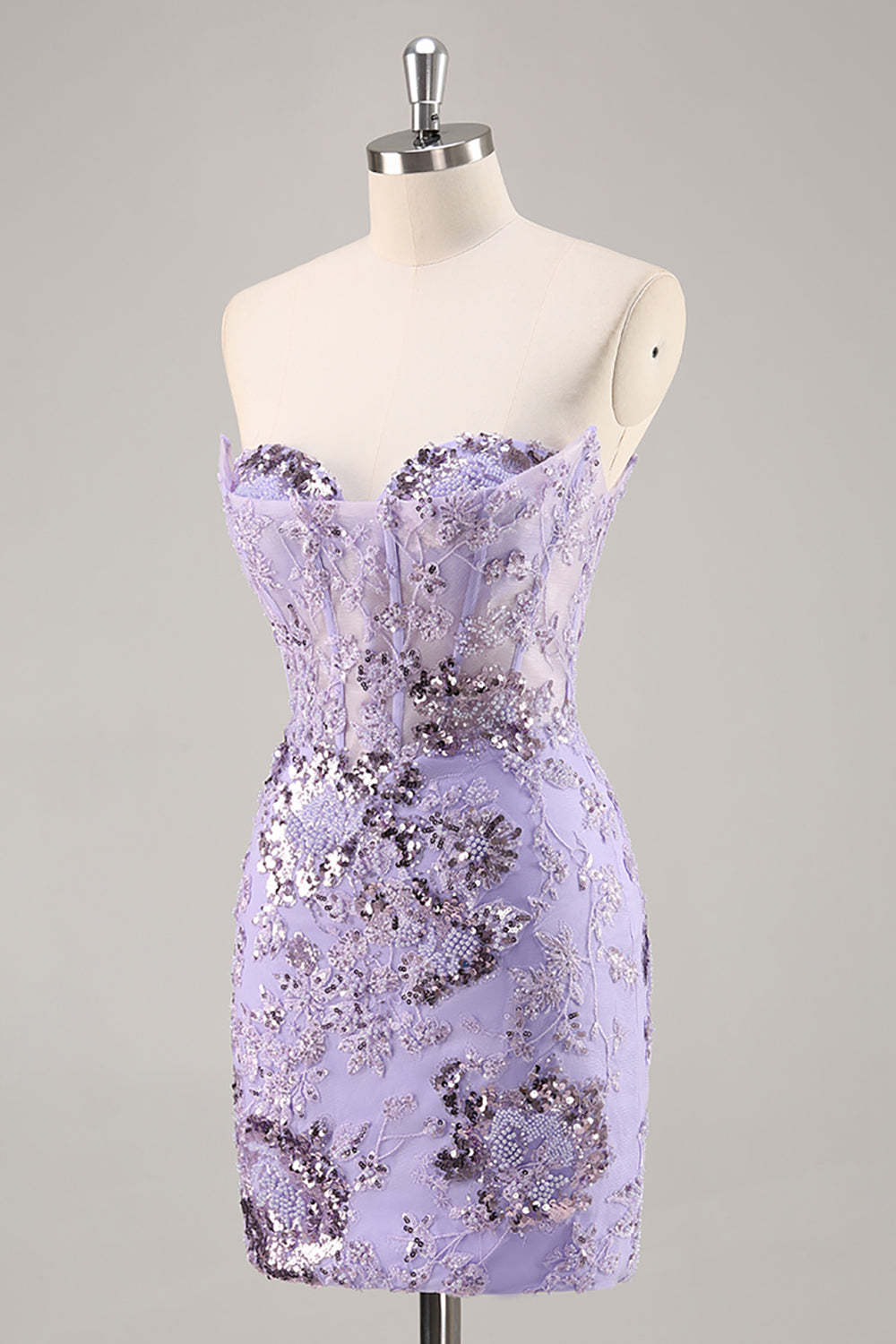 Sparkly Purple Corset Sequin Floral Short Homecoming Dress with Lace