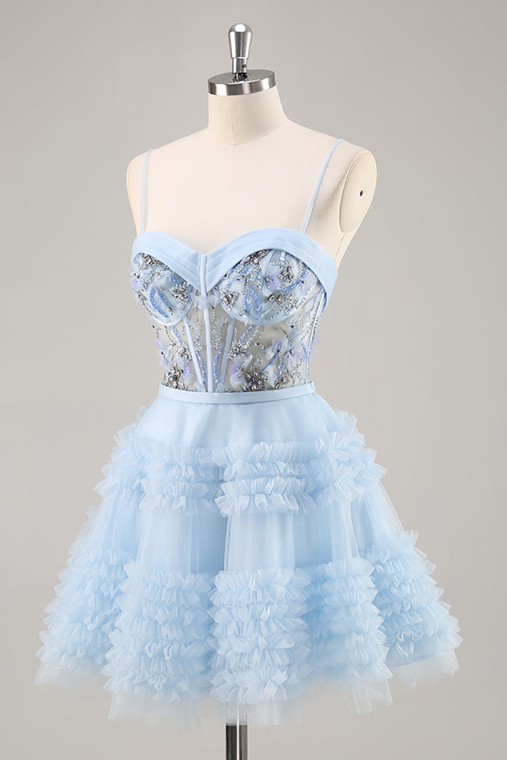 Sparkly Blue Corset Floral Ruffled Short Homecoming Dress with Beading