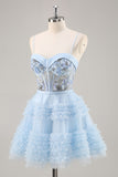 Sparkly Blue Corset Floral Ruffled Short Homecoming Dress with Beading