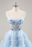 Sparkly Blue Corset Floral Ruffled Short Homecoming Dress with Beading
