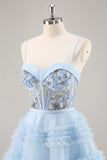 Sparkly Blue Corset Floral Ruffled Short Homecoming Dress with Beading