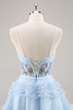 Sparkly Blue Corset Floral Ruffled Short Homecoming Dress with Beading