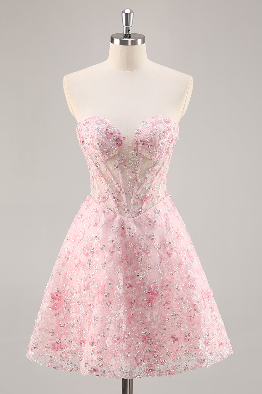 Sparkly Pink Corset A Line Short Floral Homecoming Dress with Sequins