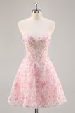 Sparkly Pink Corset A Line Short Floral Homecoming Dress with Sequins