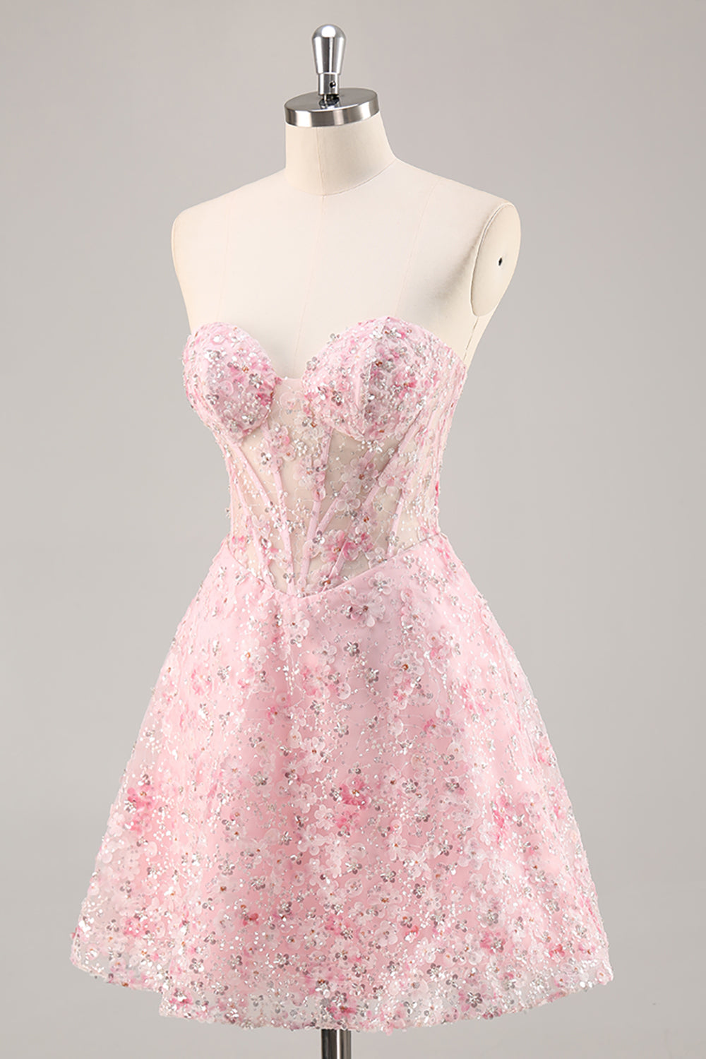 Sparkly Pink Corset Floral Sweetheart Short Homecoming Dress with Sequins