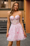 Sparkly Pink Corset A Line Short Floral Homecoming Dress with Sequins