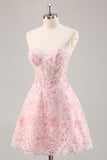 Sparkly Pink Corset Floral Sweetheart Short Homecoming Dress with Sequins