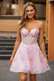 Sparkly Pink Corset A Line Short Floral Homecoming Dress with Sequins