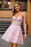 Sparkly Pink Corset A Line Short Floral Homecoming Dress with Sequins