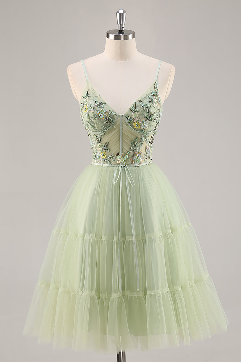 Green Floral Corset A Line Tulle Short Homecoming Dress