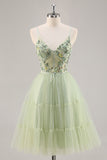 Green Floral Corset A Line Tulle Short Homecoming Dress