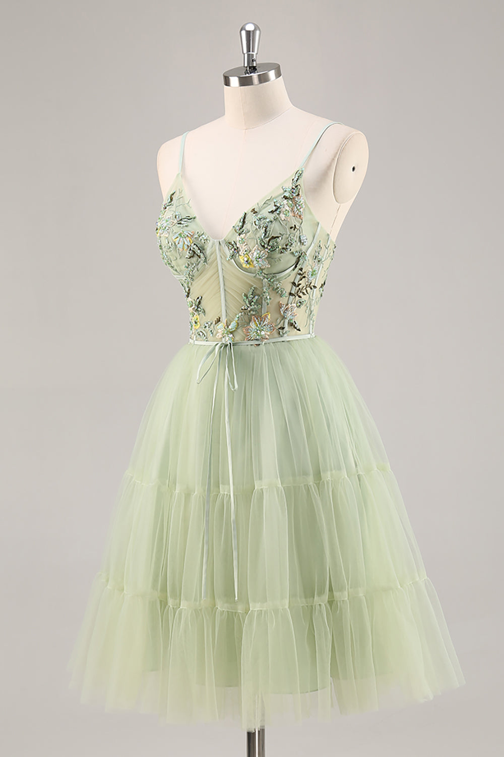 Green Floral Corset Tulle Short Homecoming Dress with Appliques