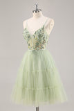 Green Floral Corset Tulle Short Homecoming Dress with Appliques