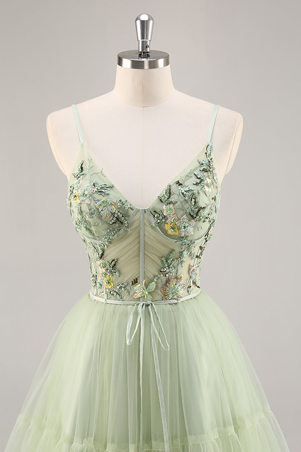 Green Floral Corset Tulle Short Homecoming Dress with Appliques