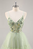 Green Floral Corset Tulle Short Homecoming Dress with Appliques