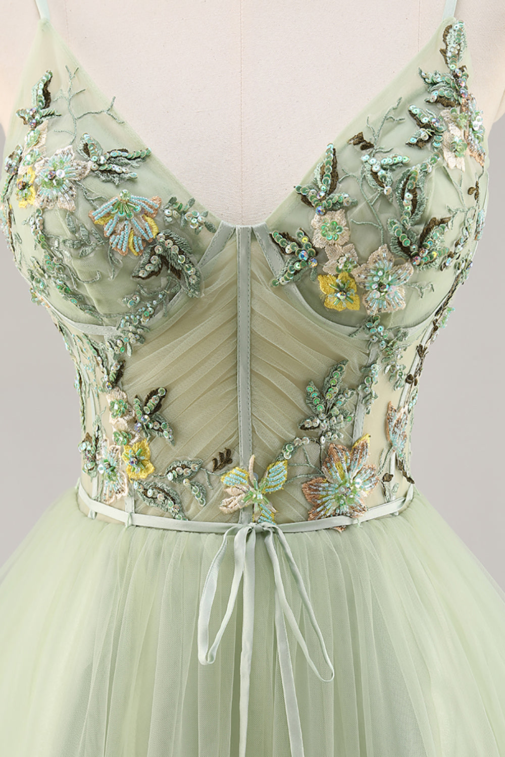 Green Floral Corset Tulle Short Homecoming Dress with Appliques