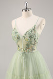 Green Floral Corset Tulle Short Homecoming Dress with Appliques