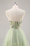 Green Floral Corset Tulle Short Homecoming Dress with Appliques