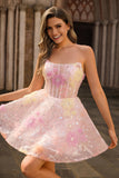 Sparkly Pink Corset Floral Strapless Short Homecoming Dress with Beading