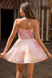 Sparkly Pink Corset Floral Strapless Short Homecoming Dress with Beading