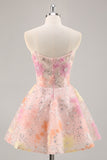 Sparkly Pink Corset Floral A Line Short Homecoming Dress with Beading
